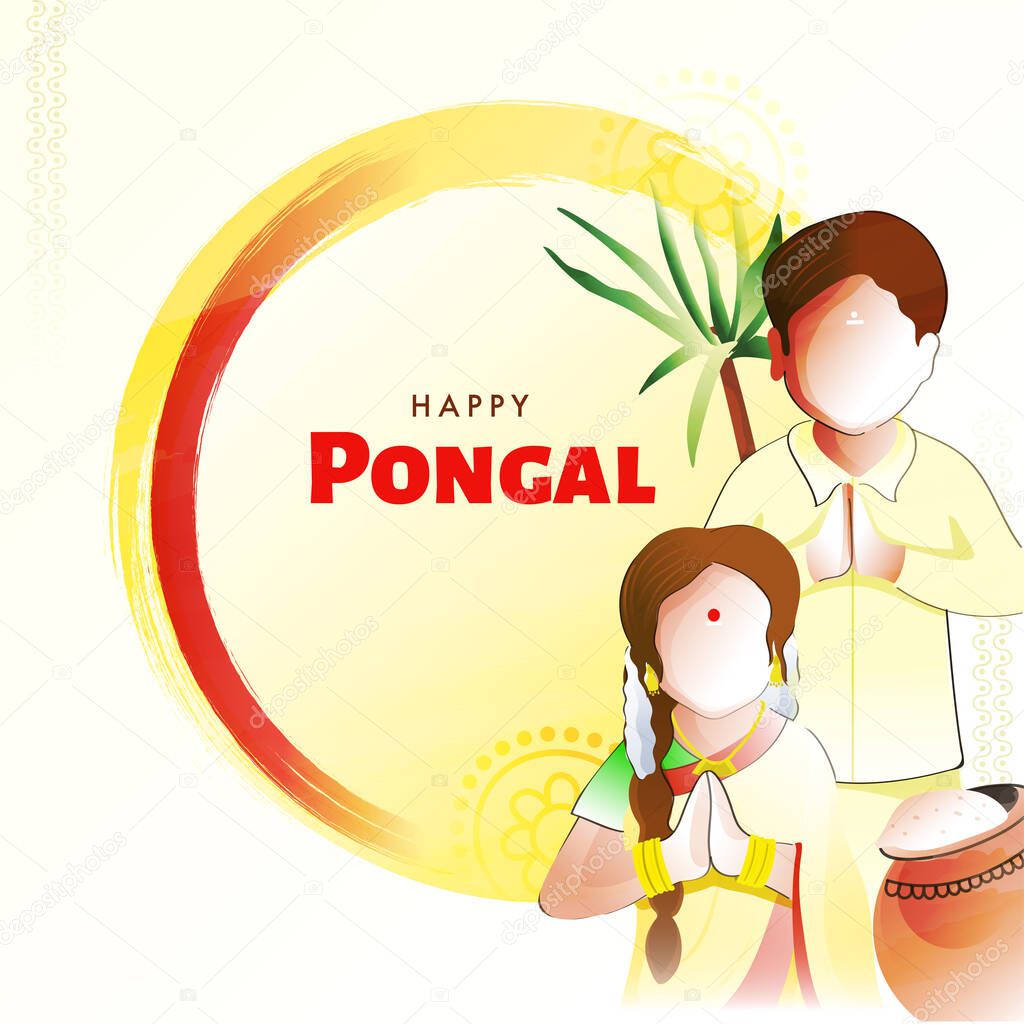 Happy Pongal Concept With Faceless South Indian Couple Doing Namaste (Greets), Traditional Dish (Rice) In Mud Pot And Brush Stroke Effect On White Background.