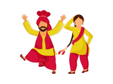 Çizgi film Punjabi Çifti Kırmızı ve Sarı Giysilerle Bhangra Dansı Yapıyor.