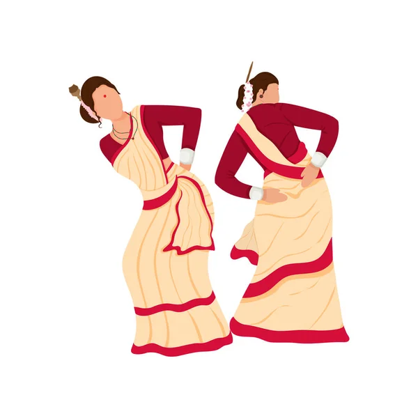 Cartoon Assamese Ženy Dělat Bihu Nebo Lidový Tanec Bílém Pozadí — Stockový vektor