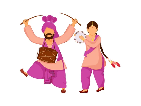 Dibujos Animados Punjabi Pareja Tocando Instrumento Música Sobre Fondo Blanco — Vector de stock