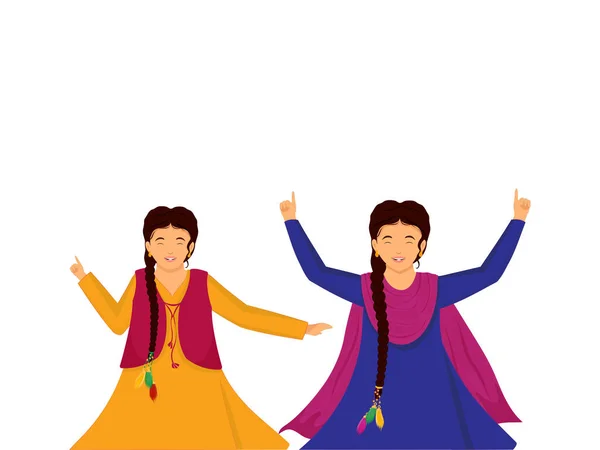 Punjabi Señoras Jóvenes Haciendo Danza Bhangra Sobre Fondo Blanco — Vector de stock