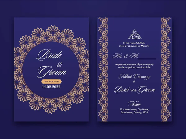 Dubbel Sida Islamiska Bröllop Kort Mall Layout Med Golden Mandala — Stock vektor