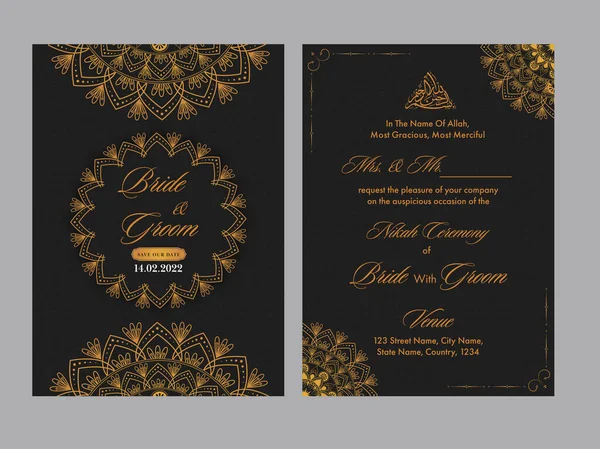Siyah Turuncu Renkli Mandala Desenli Slami Düğün Davetiyesi — Stok Vektör