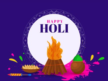 Happy Holi Celebration Concept With Bonfire, Mud Pot Full Of Powder (Gulal), Water Gun (Pichkari), Indian Sweet (Gujia) On White And Purple Background. clipart