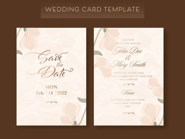 Hochzeitskarten Vorlage Layout Mit Blumen Auf Braunem Hintergrund Dekoriert — Stockvektor