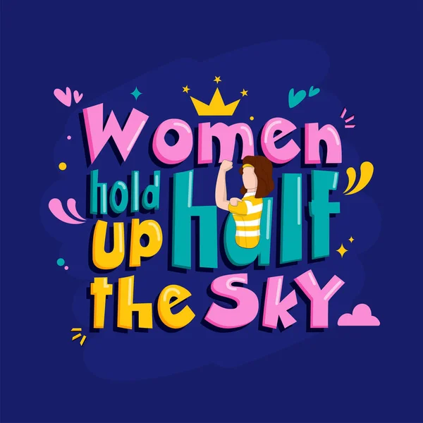 Women Colorful Hold Half Sky Quotes Strong Girl Character Blue - Stok Vektor