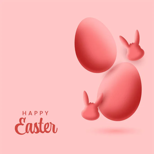 Happy Easter Concept Glossy Eggs Bunnies Face Pastel Red Background — Stock Vector