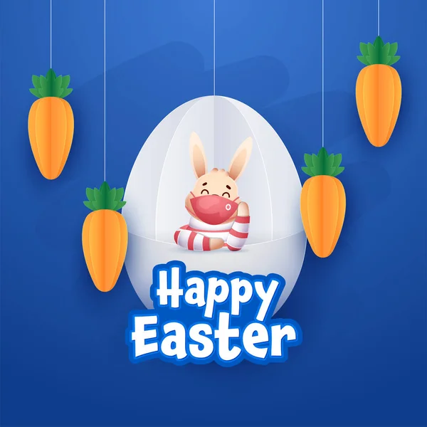 贴士风格快乐复活节小兔子戴安全面罩 猎户座纸蛋 兔子挂蓝色背景 — 图库矢量图片