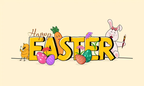 Veselé Velikonoce Písmo Karikaturou Bunny Mrkev Kuřátko Vejce Sedmikrásky Květiny — Stockový vektor