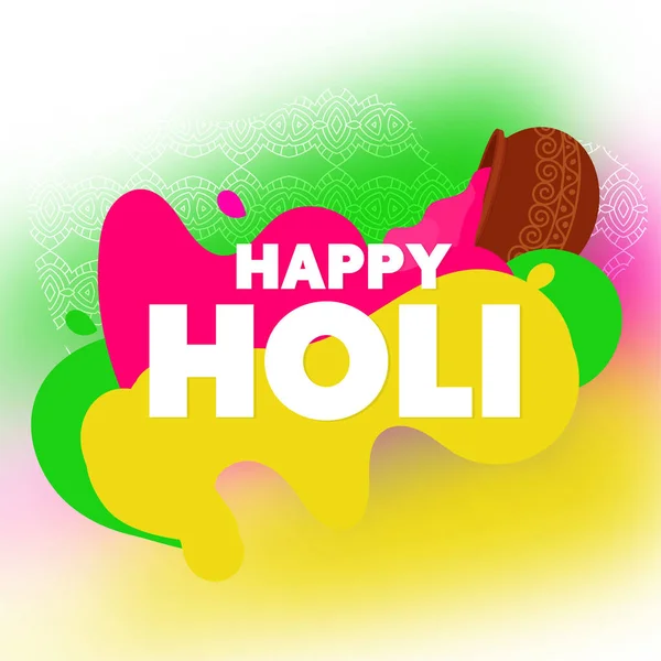Happy Holi Font Color Flowing Out Mud Pot Sfondo Astratto — Vettoriale Stock