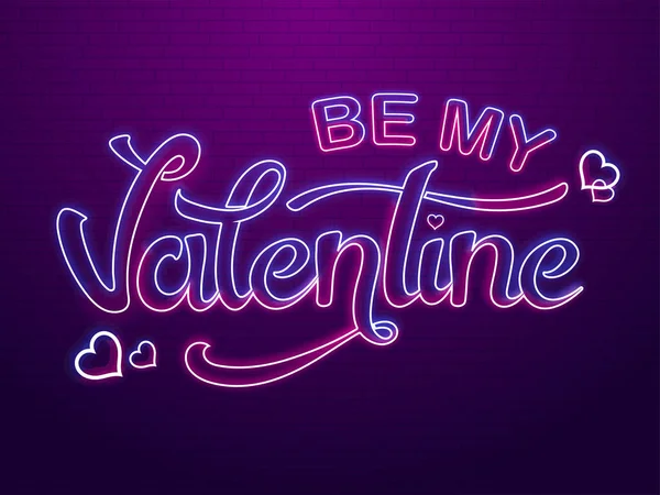 Neon Zijn Mijn Valentijn Lettertype Met Harten Paarse Bakstenen Muur — Stockvector