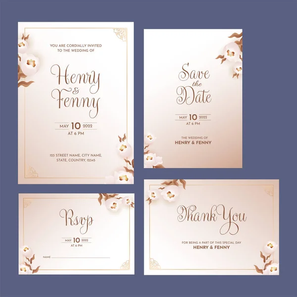 Matrimonio Invito Card Suite Decorato Con Floreale Sfondo Blu — Vettoriale Stock