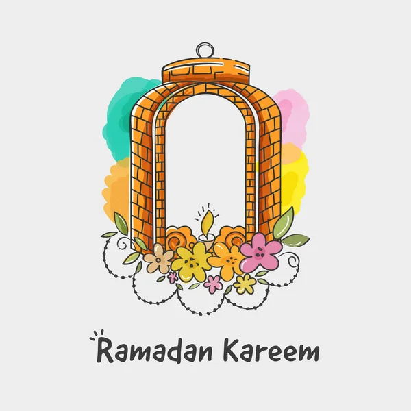 Ramadan Kareem Affiche Ontwerp Met Lantaarn Vormen Van Baksteen Muur — Stockvector