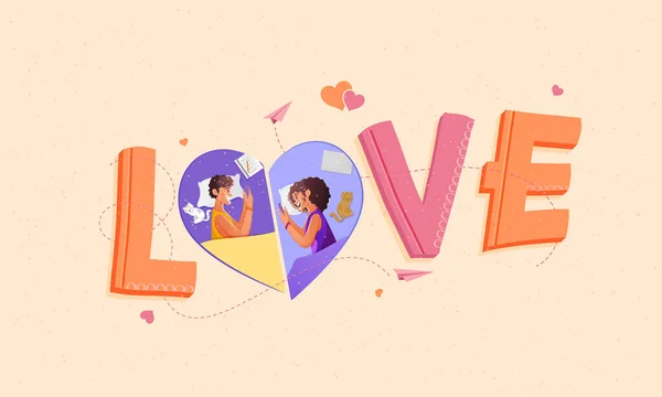 Γραμματοσειρά Αγάπης Πλαίσιο Καρδιά Του Χαρούμενου Ζευγαριού Μιλώντας Μεταξύ Τους — Διανυσματικό Αρχείο