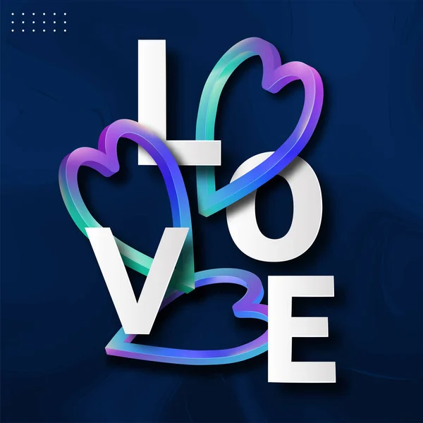 White Love Font Gradient Hearts Frame Blue Twirl Liquid Background — Stock Vector