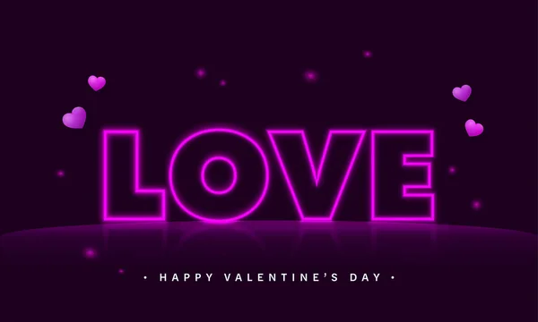 Neon Love Font Hearts Lights Effect Purple Background Happy Valentine — Stock Vector