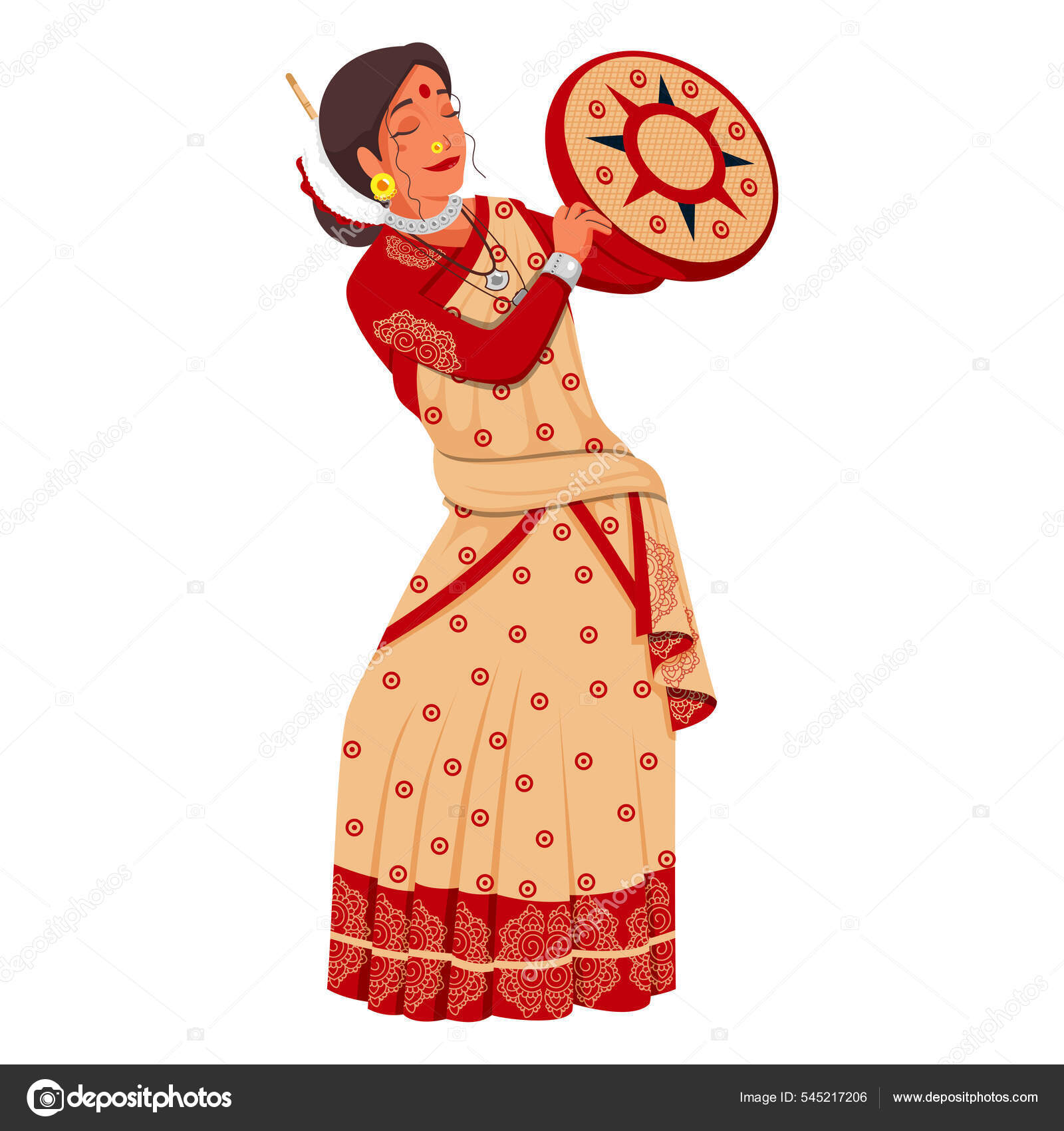 Beautiful Young Woman Holding Tambourine Dafli Assam Traditional
