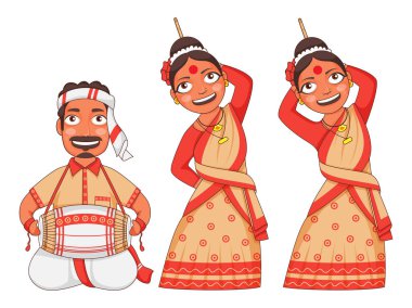 Assam Kadın Dans Ediyor ve Erkek Geleneksel Giyimde Dhol Oynuyor.