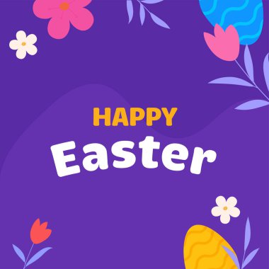 Mor arkaplanlı, basılı yumurta ve çiçek desenli Paskalya Kavramı.