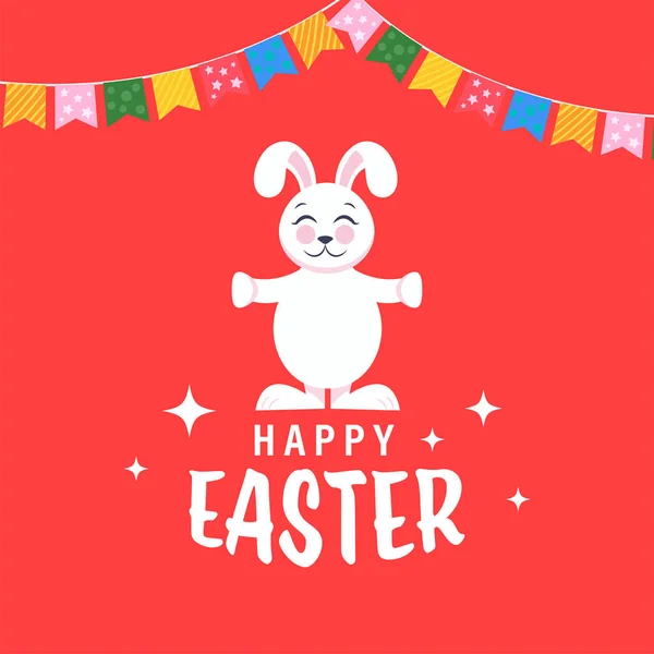 Happy Easter Concept Cartoon Bunny Standing Colorful Bunting Flags Red — Stock Vector