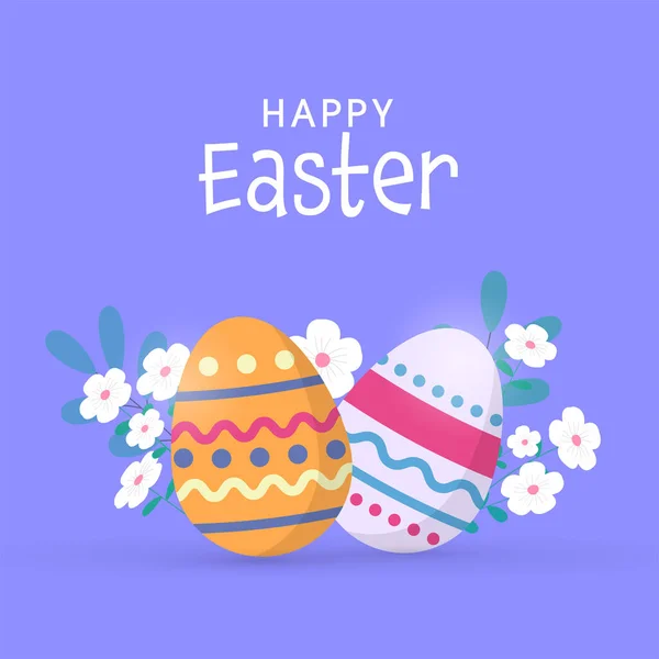 印刷された卵と青の背景に花とハッピーイースターお祝いのコンセプト — ストックベクタ
