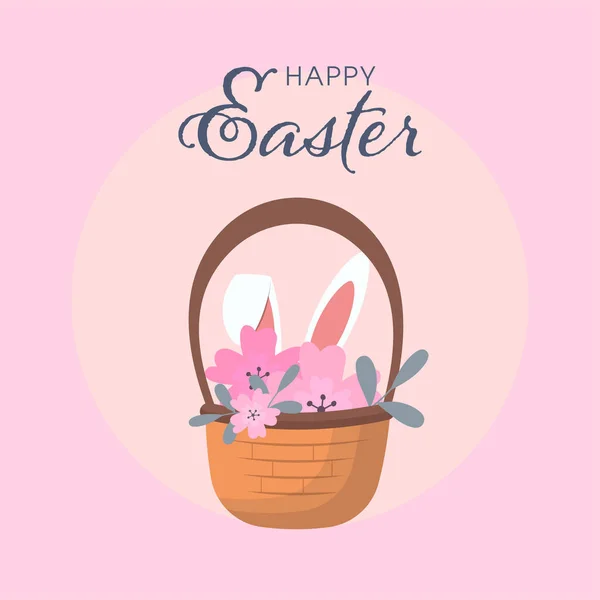 Happy Easter Celebration Concept Met Konijnenoren Bloemen Mand Roze Achtergrond — Stockvector