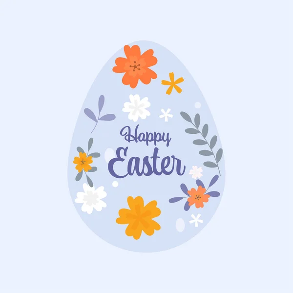 Happy Easter Font Floral Decorated Egg Forma Sfondo Blu — Vettoriale Stock
