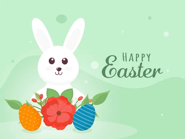 Happy Easter Celebration Concept Cartoon Bunny Printed Eggs Floral Green — Stock Vector