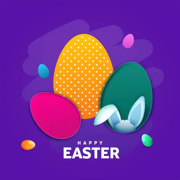 五颜六色的纸切蛋与小兔子耳在紫色背景下的快乐复活节概念 — 图库矢量图片