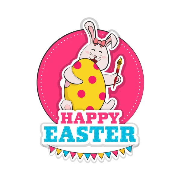 Sticker Style Happy Easter Font Cartoon Bunny Holding Colored Egg — Stock Vector