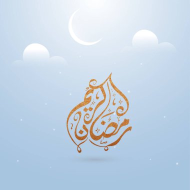 Mavi Işık Efekti Üzerine Kahverengi Arapça Kaligrafi Ramazan Kareem ve Hilal Ay.