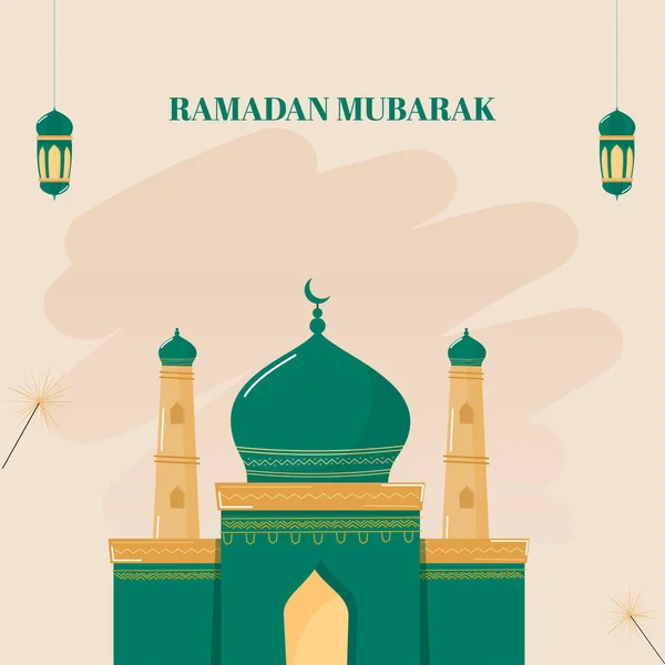 Ramadan Mubarak Poster Design Con Illustrazione Della Moschea Bastoni Scintillanti — Vettoriale Stock