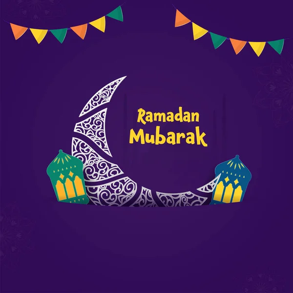 Ramadan Mubarak Concept Met Elegante Halve Maan Arabische Lantaarns Silhouet — Stockvector