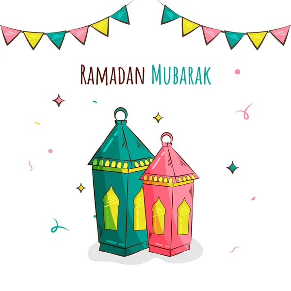 Conceito Ramadan Mubarak Com Lanternas Árabes Bandeiras Bunting Fundo Branco — Vetor de Stock