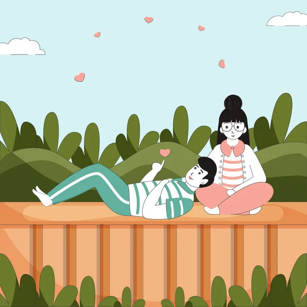 愛やロマンチックな概念のための自然の背景に彼のガールフレンドのラップに横たわっている若い男の子のベクトルイラスト — ストックベクタ