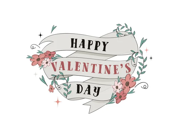Šťastný Valentýn Stuha Srdci Tvaru Zdobené Květinovým Bílém Pozadí — Stockový vektor