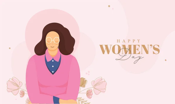 Happy Women Day Concept Lady Character Doodle Flowers Pink Background — Stock Vector