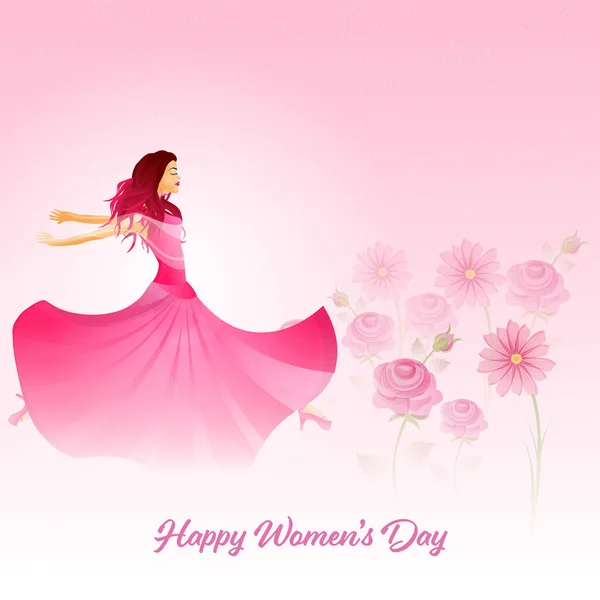 Счастливый Женский День Молодая Девушка Длинном Платье Цветочном Сером Розовом — стоковый вектор