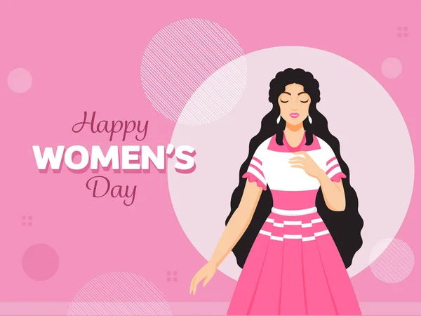 Happy Women Day Font Beautiful Teenage Girl Character Pink Background - Stok Vektor