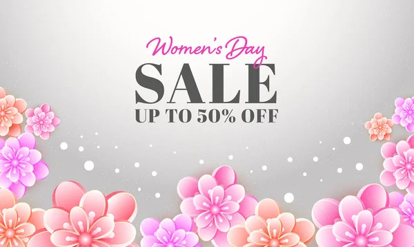 Hasta Descuento Para Día Mujer Banner Diseño Decorado Con Hermosas — Vector de stock