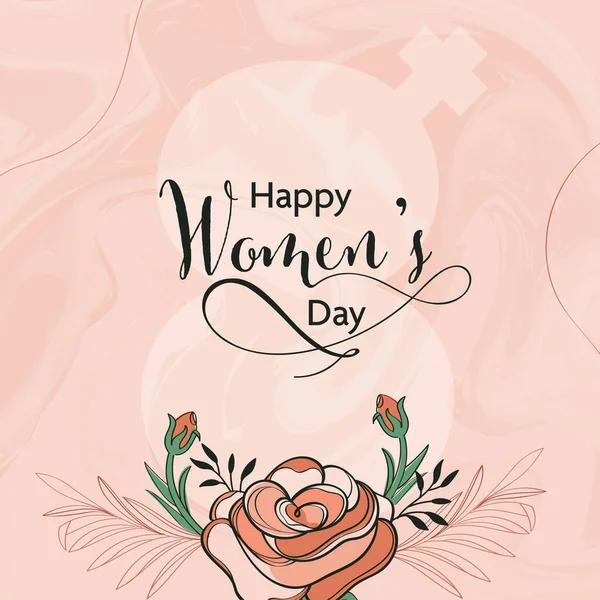 幸せな女性の日のお祝いのコンセプトでシルエット8番 女性の性別サインと桃の液体大理石の背景にバラの花 — ストックベクタ