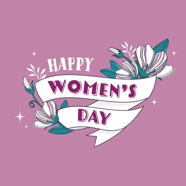 Happy Women Day Message Ribbon Versierd Met Bloemen Paarse Achtergrond — Stockvector