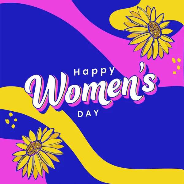 Happy Women Day Schrift Mit Sonnenblumen Auf Buntem Hintergrund — Stockvektor