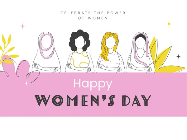 ピンクと白の背景でドードルスタイルで多様性の女性グループと幸せな女性の日のコンセプト — ストックベクタ