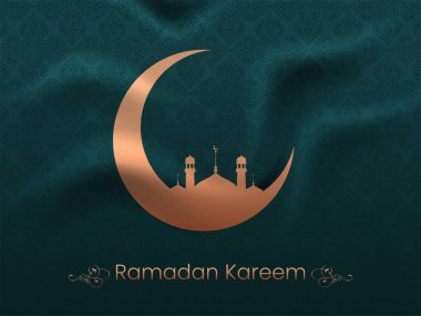 Siluet Camii ile Bakır Hilal, Ramazan Kareem Konsepti İçin Parçalanmış Kumaş İslami Şablon Arkaplanı.