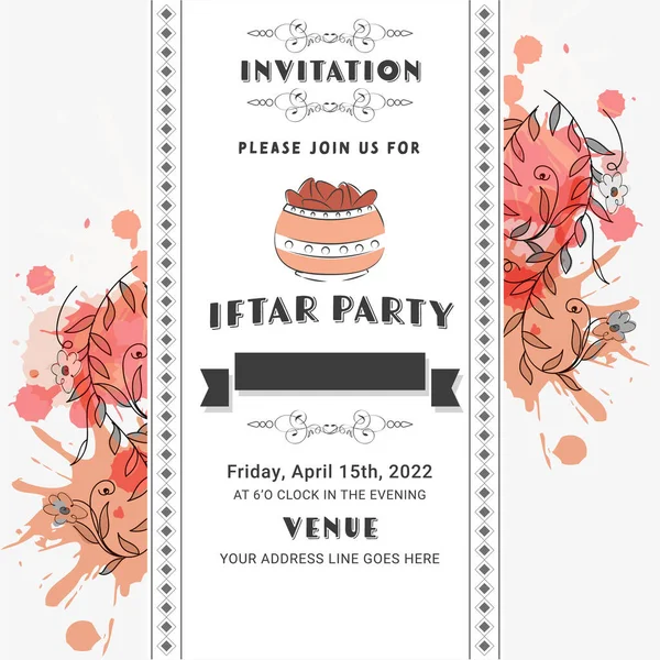 Iftar Party Pozvánka Akvarelovým Efektem Květinové Zdobené Bílém Pozadí — Stockový vektor