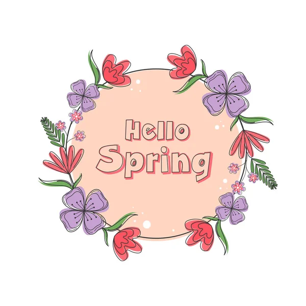 Ciao Spring Font Pink Circular Shape Decorato Floral Sfondo Bianco — Vettoriale Stock