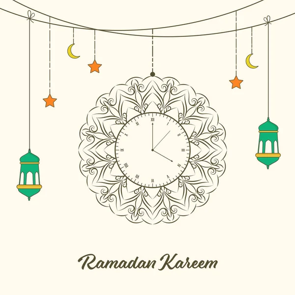 Concepto Ramadán Kareem Con Estilo Doodle Reloj Mandala Cuelga Linternas — Archivo Imágenes Vectoriales