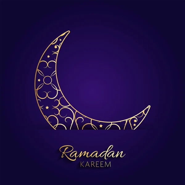 Font Golden Ramadan Kareem Con Ornament Crescent Moon Sfondo Blu — Vettoriale Stock