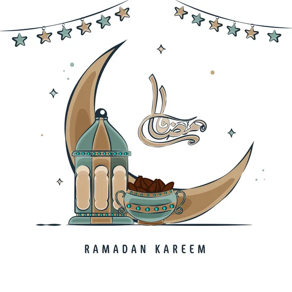 拉马丹 卡里姆与涂鸦新月 阿拉伯灯笼 保龄球约会和白底星加兰的阿拉伯语书法 — 图库矢量图片